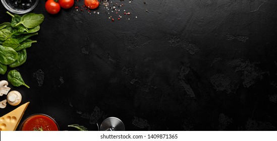 Space For Recipe. Pizza Cooking Ingredients On Black Background, Top View