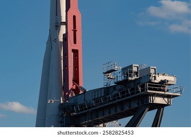 Space rocket before launch. Space rocket on the launch pad. Space rocket on the launch pad. Rocket "Vostok 8K72K" at the exhibition in Moscow at the Exhibition of Achievements of the National Economy. - Powered by Shutterstock - Get 15% off with code: PIKWIZARD15
