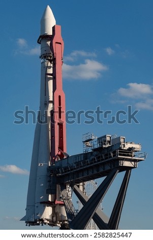 Space rocket before launch. Space rocket on the launch pad. Space rocket on the launch pad. Rocket "Vostok 8K72K" at the exhibition in Moscow at the Exhibition of Achievements of the National Economy.