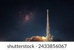 Space rocket with a blast and puffs of smoke successfully takes off into the starry sky. The beginning of a space mission. Rocket launch