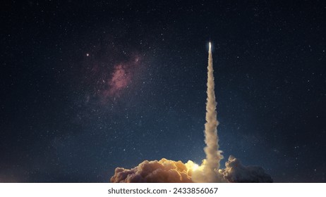 Space rocket with a blast and puffs of smoke successfully takes off into the starry sky. The beginning of a space mission. Rocket launch