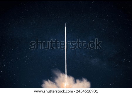 Space rocket launch into the starry sky. Space shuttle with blast and blast lift off into space on a dark background. Successful start, concept