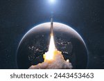 Space rocket lift off into cosmos with smoke and blast on a background of the blue planet earth. Spacecraft flies in space with a starry sky near the planet. Successful start of the mission