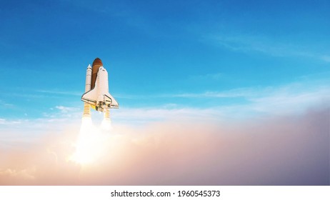 Space Rocket Lift Off Into The Blue Sky. Launching A Spaceship Through The Clouds