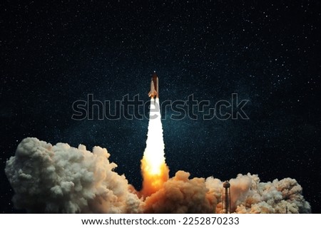 Space rocket shuttle with blast and puff of smoke lift up to the dark starry space sky. Spaceship launch. Start up, creative idea. Take off