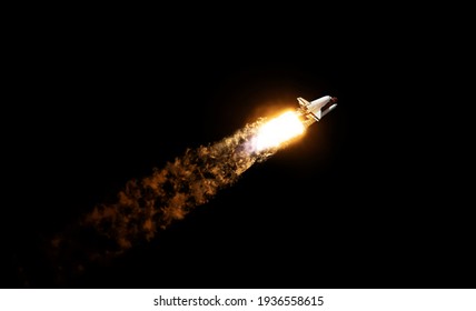 Space Rocket Shuttle With Blast And Puffs Of Smoke Against The Black Sky. Spaceship Lift Off On Black Background. Space Mission, Concept.