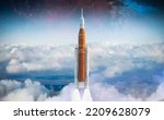 Space rocket take off from Earth. Spacecraft in sky. Mission on Moon of Orion spacecraft. Spaceship take off. Artemis space program. Elements of this image furnished by NASA