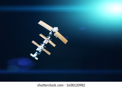 Space Satellite Orbiting The Blue Planet. Decorations For Photo Sattelite. Selected Focus