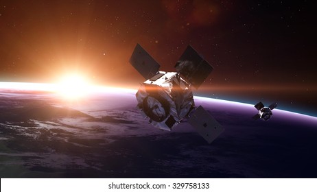 Space Satellite Orbiting The Earth. Elements Of This Image Furnished By NASA