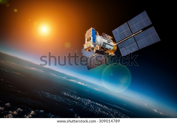Space satellite orbiting\
the earth on a background star sun. Elements of this image\
furnished by NASA.