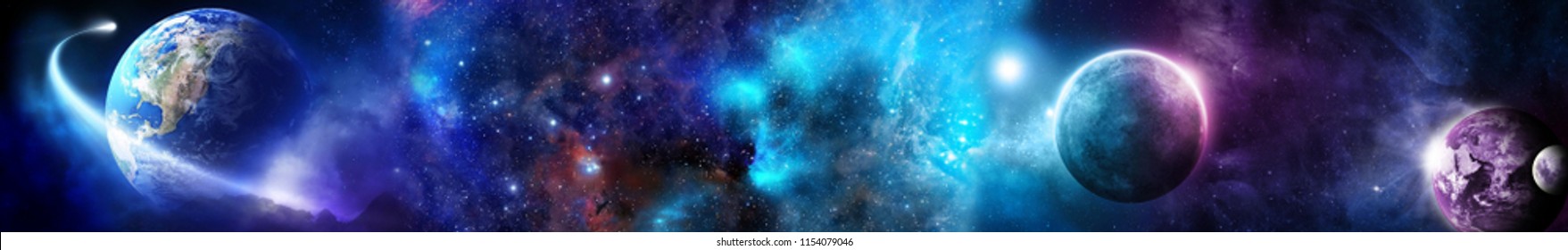 Космическая сцена с планетами, звездами и галактиками. Панорама. Горизонтальный вид для стеклянных панелей (skinali).