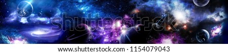 Space scene with planets, stars and galaxies. Panorama. Horizontal view for a glass panels (skinali). Template banner