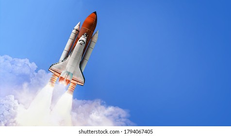 Space shuttle in the blue sky with cloud. Launch of spaceship. Space wallpaper. Elements of this image furnished by NASA - Powered by Shutterstock