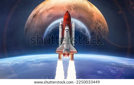 Space shuttle flight in deep space from Earth. Earth, Moon and Mars planet in space. Concept of spaceship mission to other worlds. Rocket launch in space. Elements of this image furnished by NASA