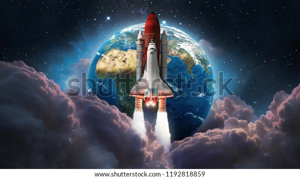 スペースシャトルの打ち上げが宇宙に行きました 背景に地球とピンクの雲 スペースアートの壁紙 銀河の光 Nasaが提供するこの画像のエレメント の写真素材 今すぐ編集 1192818859