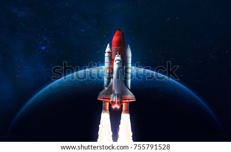 Space shuttle launch in the open space over the Earth. Blue gradient. Space art wallpaper. Elements of this image furnished by NASA