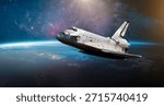Space shuttle launch in outer space from Earth planet. Orbit and horizon of Earth. Sunlight and stars in deep space. Expedition to Universe. Elements of this image furnished by NASA. Not AI content