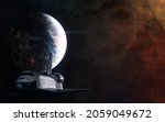 Space shuttle on background of inhabited planet in deep space. Science fiction. Elements of this image furnished by NASA