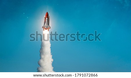 Space shuttle on blue sky background. Gradient. Space art wallpaper. Elements of this image furnished by NASA