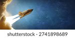 Space shuttle in outer deep space. Spacecraft flight in the stars. Spaceship wide high resolution background. Rocket launch in Universe. Elements of this image furnished by NASA. Not AI. Photo collage
