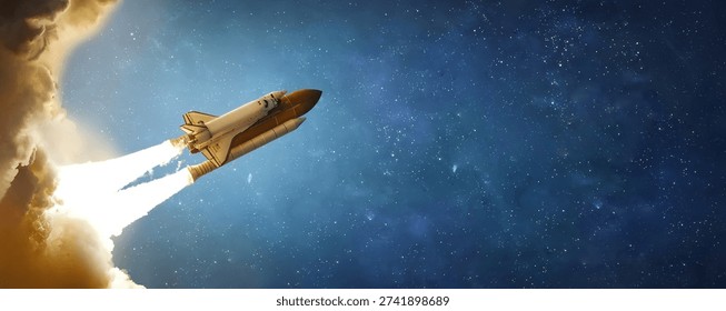 Space shuttle in outer deep space. Spacecraft flight in the stars. Spaceship wide high resolution background. Rocket launch in Universe. Elements of this image furnished by NASA. Not AI. Photo collage
