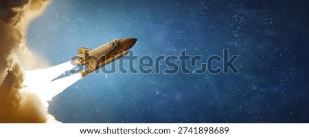 Space shuttle in outer deep space. Spacecraft flight in the stars. Spaceship wide high resolution background. Rocket launch in Universe. Elements of this image furnished by NASA. Not AI. Photo collage