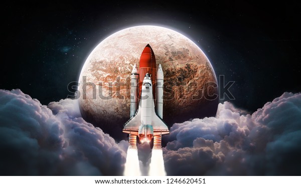 Space shuttle and Red planet in the space wallpaper mural. Clouds on background. Mars. Elements of this image furnished by NASA.