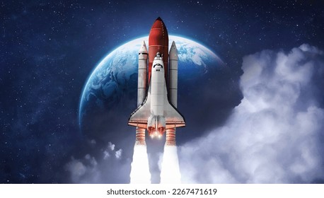 Space shuttle rocket in deep space with clouds and Earth planet. Spaceship on orbit of the planet. Sci-fi space wallpaper. Elements of this image furnished by NASA - Shutterstock ID 2267471619