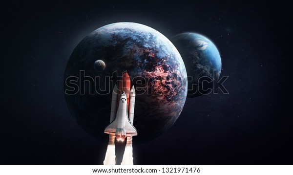 Space shuttle rocket in outer space.\
Earth, Moon and other planet on background. Exploration of the\
cosmos. Elements of this image furnished by\
NASA