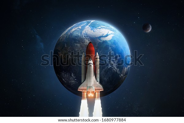 space shuttle rocket in outer space wall mural. Earth and moon in the background. Cosmos exploration. Elements of this image furnished by NASA.