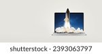 Space shuttle rocket ship successfully takes off from a laptop on gray background. Rocket with smoke launch. Laptop and growth optimization, concept. Startup boost, creative idea. Business lift off