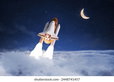 Space shuttle rocket successfully takes off through the clouds towards the moon in the starry sky, creative idea. Journey to the moon, concept. Rocket lift off and launch