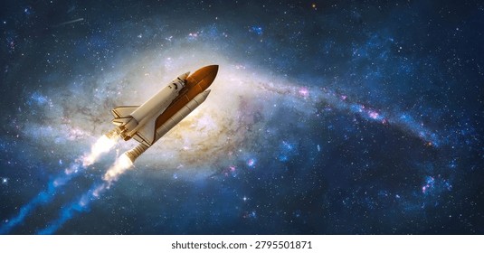 Space Shuttle in the sky. Rocket fly in space. Spaceship mission. Launch of rocket carry astronauts in outer space. Elements of this image furnished by NASA