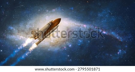 Space Shuttle in the sky. Rocket fly in space. Spaceship mission. Launch of rocket carry astronauts in outer space. Elements of this image furnished by NASA