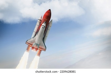 Space shuttle in sky. Space rocket launch from Earth. Spaceship take off. Elements of this image furnished by NASA