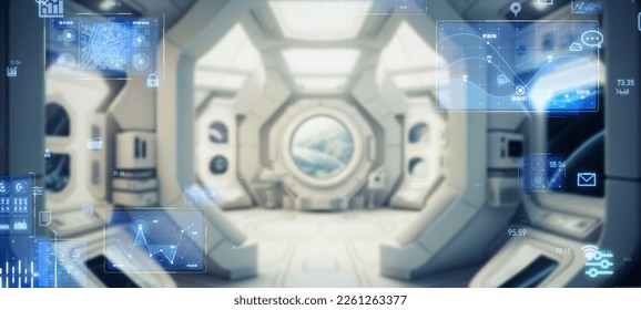 Space station and electronics technology concept. Wide angle visual for banners or advertisements.