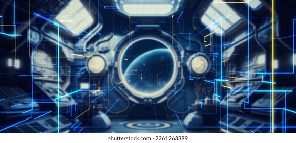Space station and electronics technology concept. Wide angle visual for banners or advertisements.