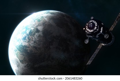 Space station on the background of an inhabited planet in deep space. Science fiction. Elements of this image furnished by NASA - Shutterstock ID 2061483260