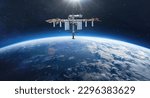 Space station on orbit of Earth planet. Blue planet and ISS in deep space. Elements of this image furnished by NASA