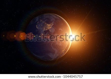 Space, Sun and planet Earth. Western hemisphere. This image elements furnished by NASA.