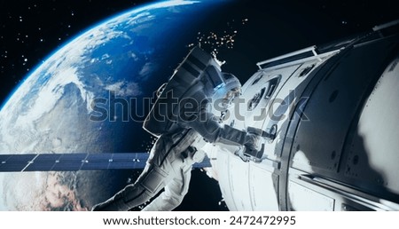 Space Technician Mending a Panel on an International Space Station with an Automatic Screw Gun. Fearless Astronaut Working in Outer Space with Beautiful Planet Earth in the Background