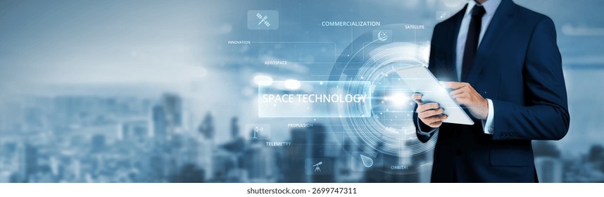 Space Technology, businessman using tablet analyzing satellite telemetry data and aerospace communication network, orbital tracking systems, space mission analytics, satellite-based navigation.
