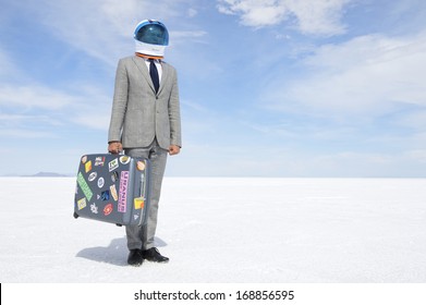 Space tourist businessman astronaut traveling with suitcase on aerospace voyage to dramatic other worldly lunar landscape