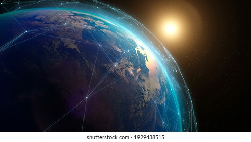Space view of planet Earth covered with digital connections among artificial satellites transmitting data - Shutterstock ID 1929438515