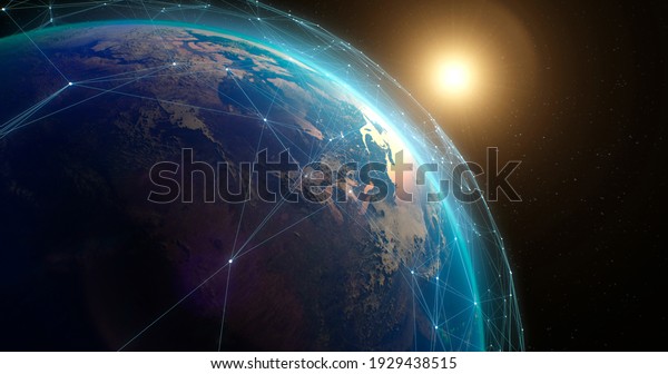 Space view of\
planet Earth covered with digital connections among artificial\
satellites transmitting\
data