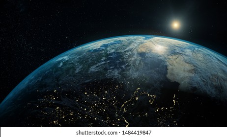 Space View Of The Sun Rising On Planet Earth, Going From Night To Day With Cloud Formations And City Lights 