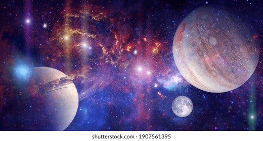 Space wallpaper banner background. Stunning view of a cosmic galaxy with planets and space objects. Elements of this image furnished by NASA.