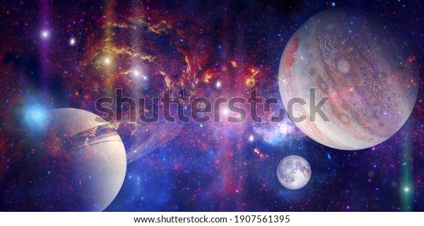 Space wallpaper banner background. Stunning view of\
a cosmic galaxy with planets and space objects. Elements of this\
image furnished by NASA.
