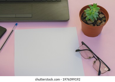 space for white notes next to computer, glasses and cactus in of