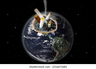 Space World With Cigarette Tobacco Burning The Earth Glob, Credited The World Image By NASA